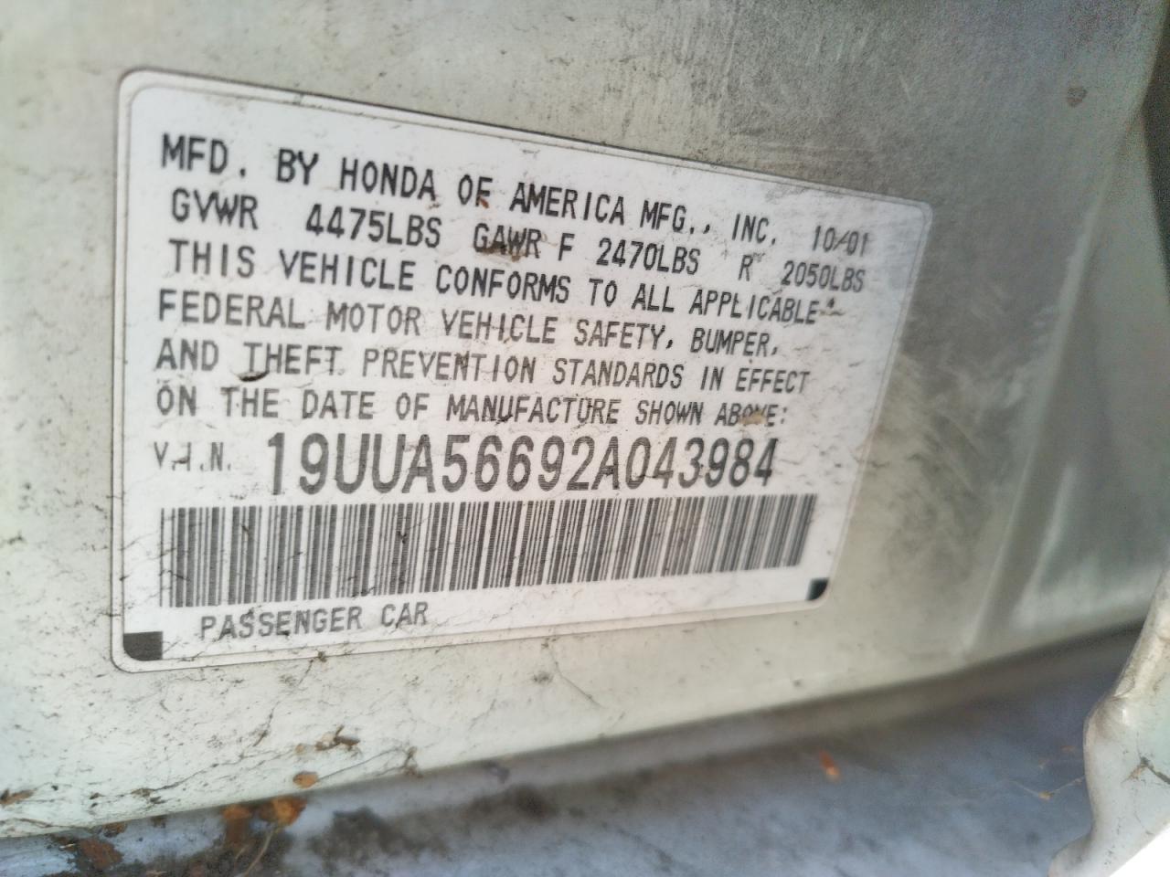 Photo 10 from auction – 2002 ACURA 3.2TL with VIN 19UUA56692A043984