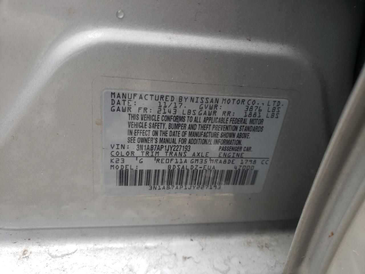 Photo 10 from auction – 2018 NISSAN SENTRA S with VIN 3N1AB7AP1JY227193