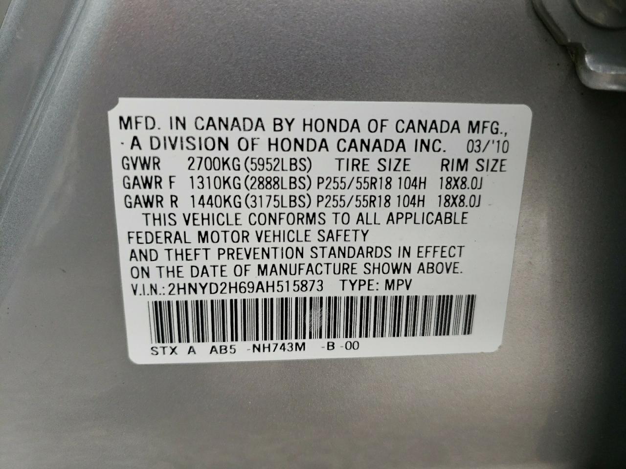Photo 10 from auction – 2010 ACURA MDX TECHNO with VIN 2HNYD2H69AH515873