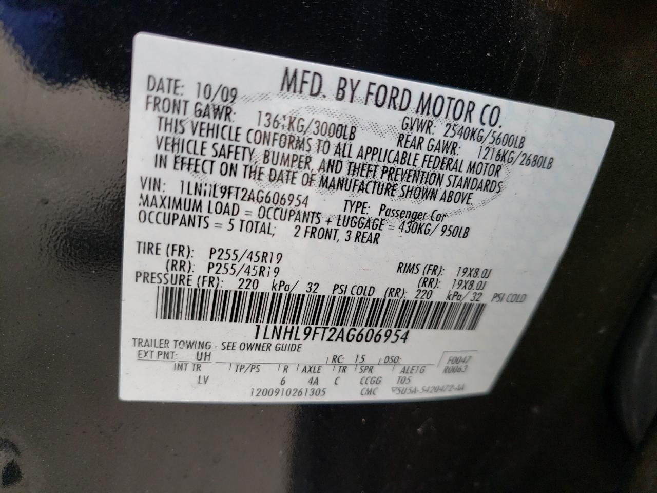 Photo 10 from auction – 2010 LINCOLN MKS with VIN 1LNHL9FT2AG606954