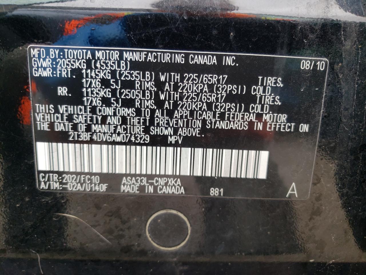 Photo 10 from auction – 2010 TOYOTA RAV4 with VIN 2T3BF4DV6AW074329