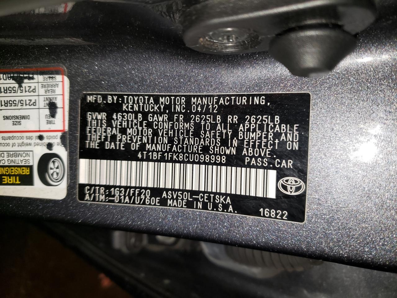 Photo 10 from auction – 2012 TOYOTA CAMRY BASE with VIN 4T1BF1FK8CU098998