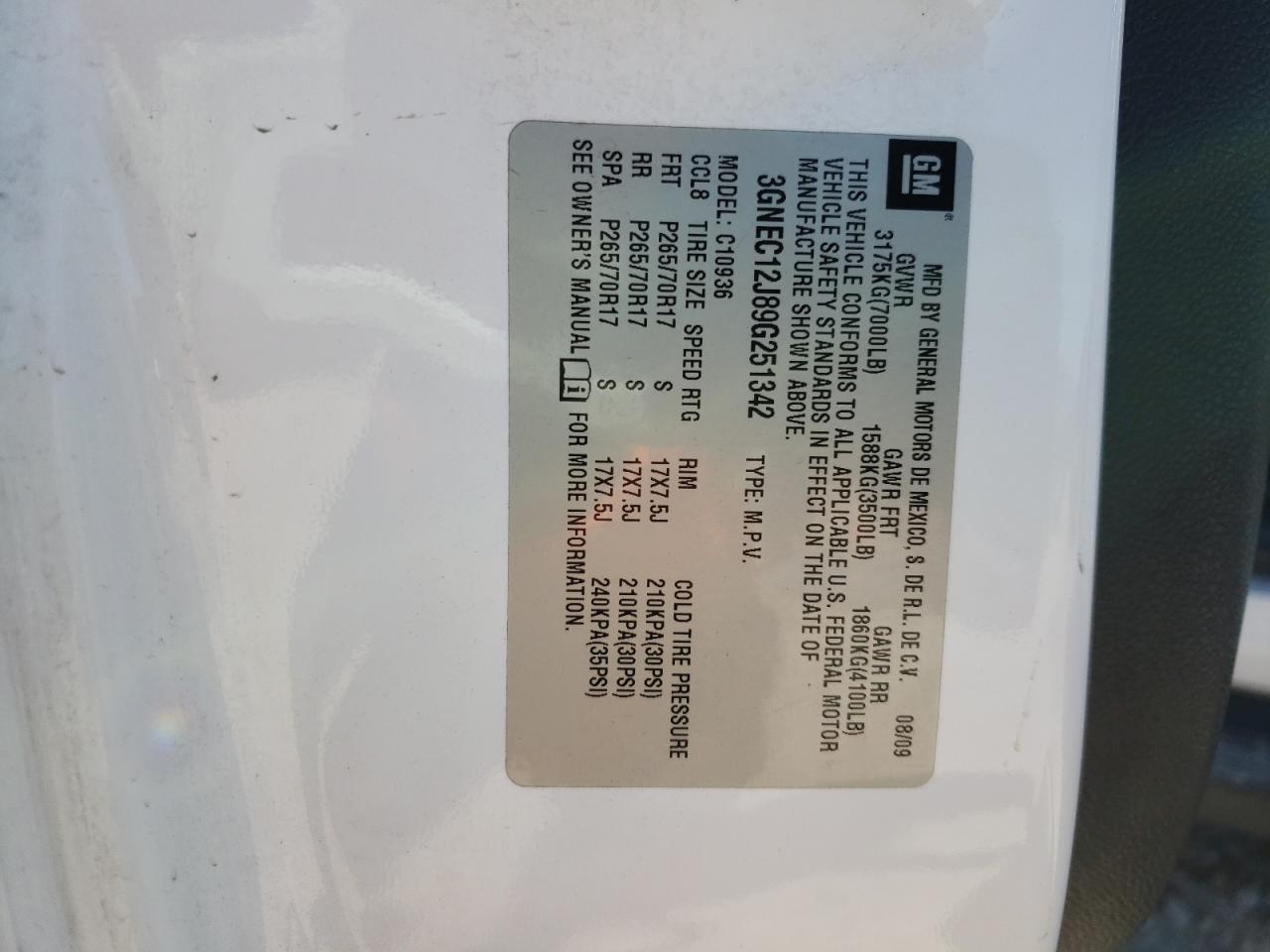 Photo 10 from auction – 2009 CHEVROLET AVALANCHE with VIN 3GNEC12J89G251342