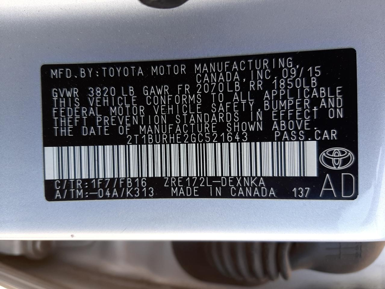 Photo 10 from auction – 2016 TOYOTA COROLLA L with VIN 2T1BURHE2GC521643