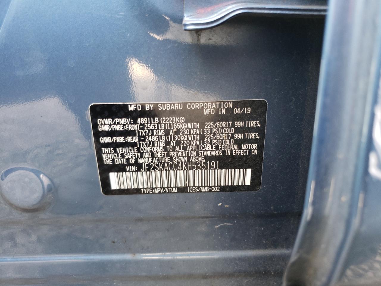 Photo 10 from auction – 2019 SUBARU FORESTER with VIN JF2SKACC4KH535191