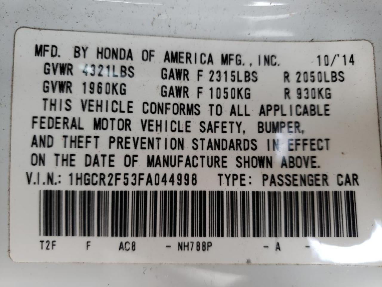 Photo 10 from auction – 2015 HONDA ACCORD SPO with VIN 1HGCR2F53FA044998