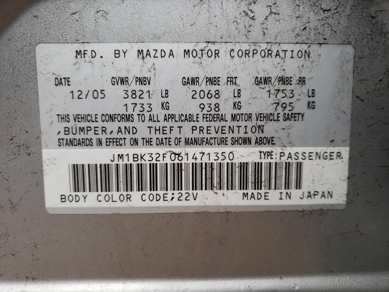 Photo 10 from auction – 2006 MAZDA 3 I with VIN JM1BK32F061471350