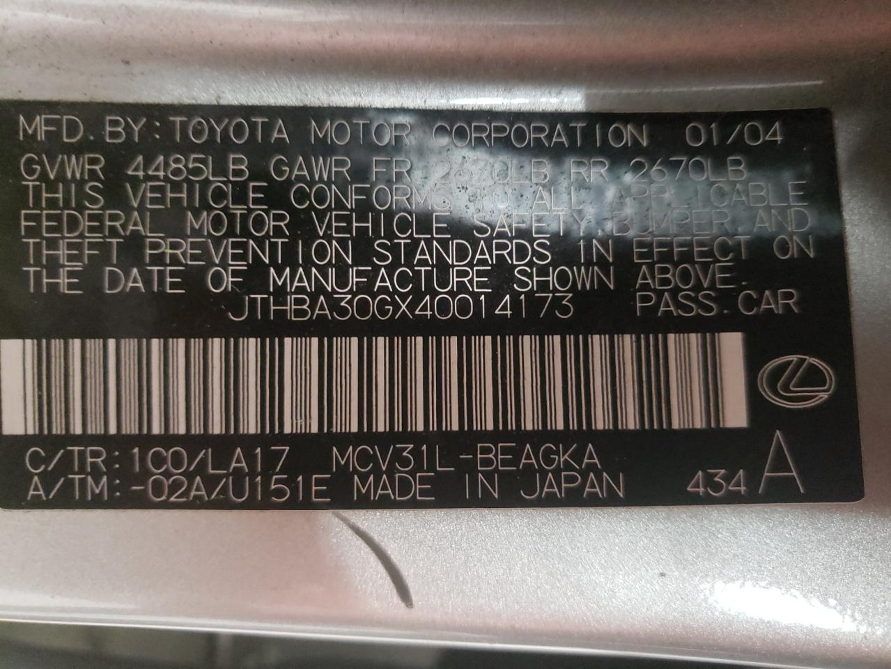 Photo 10 from auction – 2004 LEXUS ES 330 with VIN JTHBA30GX40014173