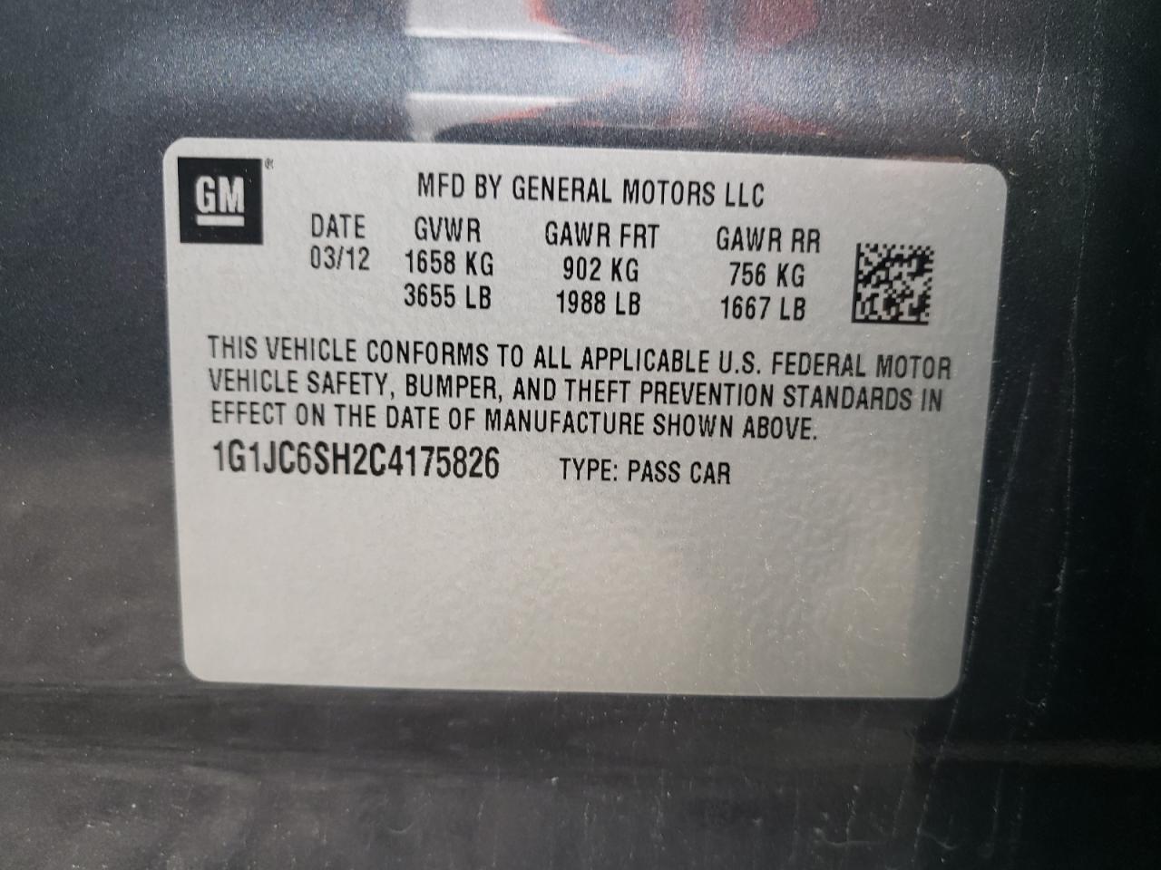 Photo 10 from auction – 2012 CHEVROLET SONIC LT with VIN 1G1JC6SH2C4175826