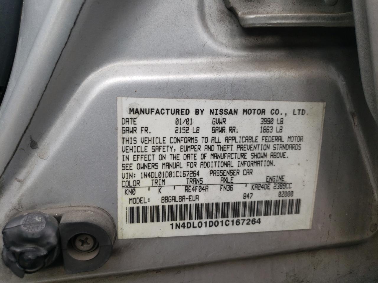 Photo 10 from auction – 2001 NISSAN ALTIMA XE with VIN 1N4DL01D01C167264