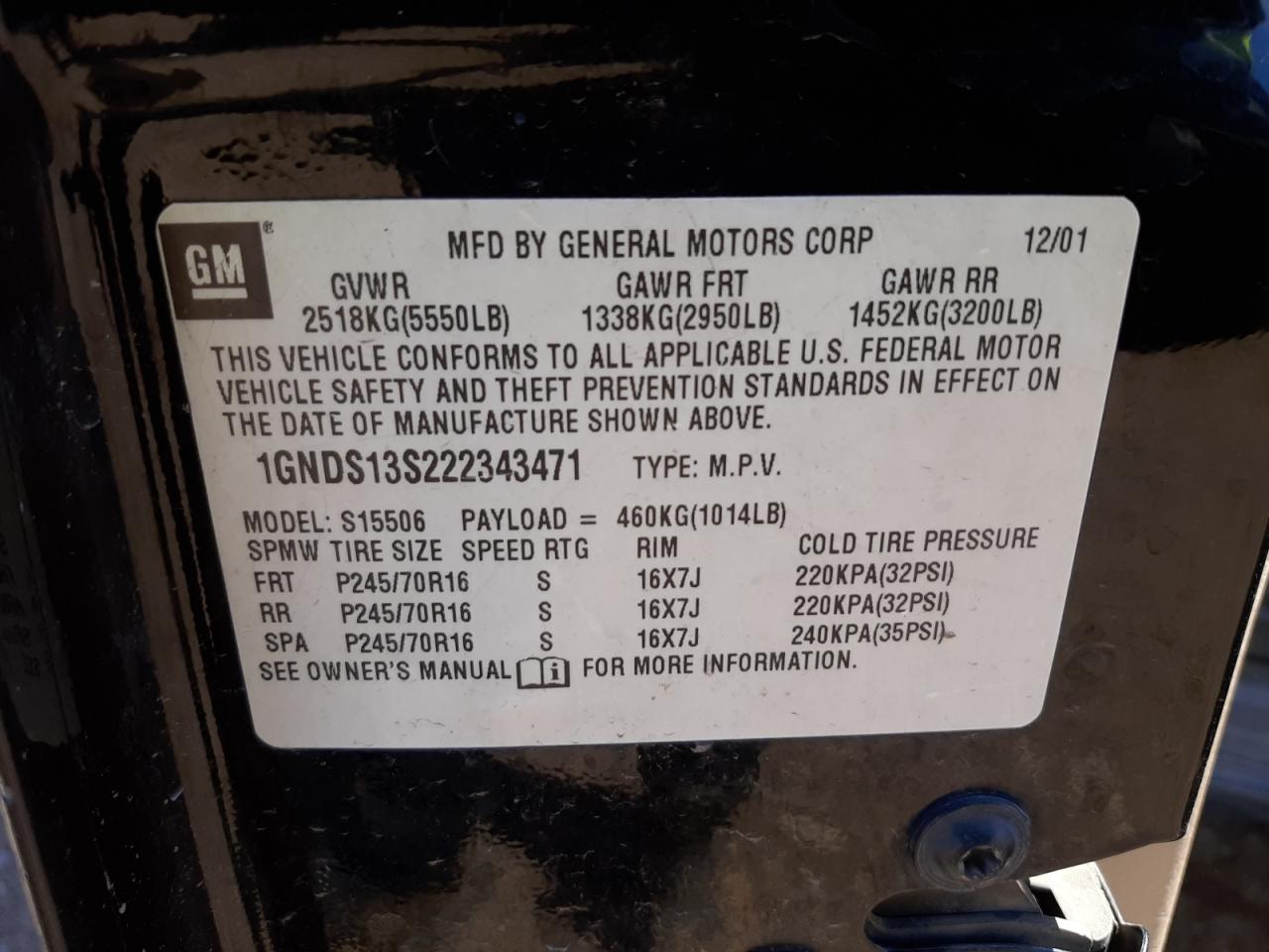 Photo 10 from auction – 2002 CHEVROLET TRAILBLAZE with VIN 1GNDS13S222343471