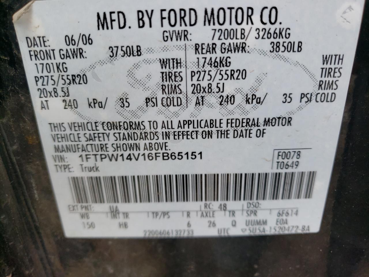 Photo 10 from auction – 2006 FORD F150 SUPER with VIN 1FTPW14V16FB65151