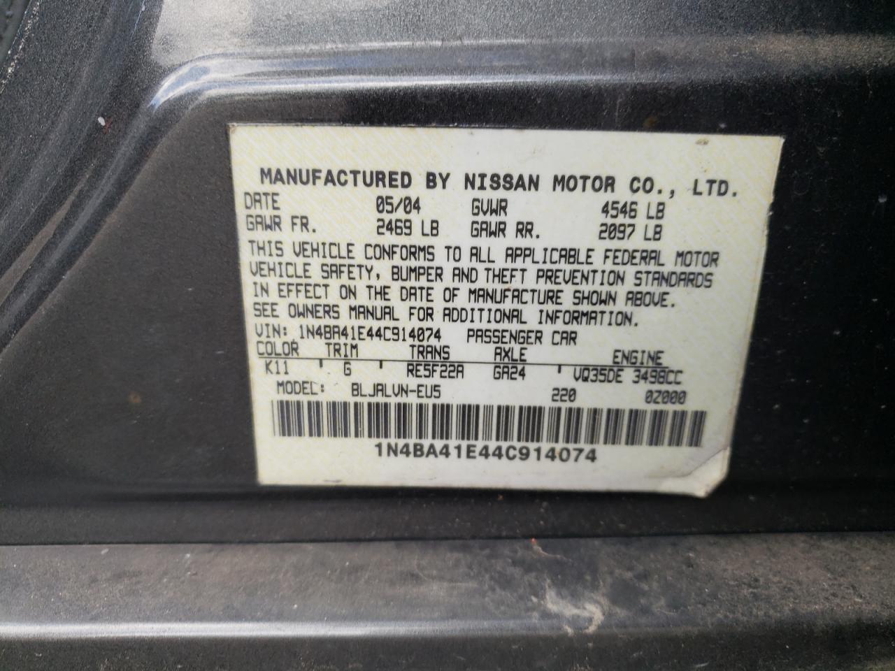 Zdjęcie 10 z aukcji – 2004 NISSAN MAXIMA SE z VIN 1N4BA41E44C914074