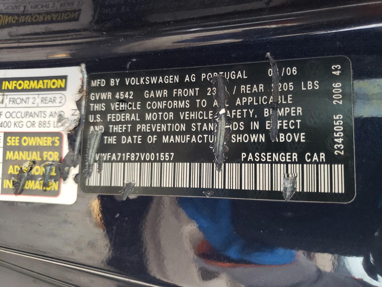 Photo 10 from auction – 2007 VOLKSWAGEN EOS 2.0T L with VIN WVWFA71F87V001557