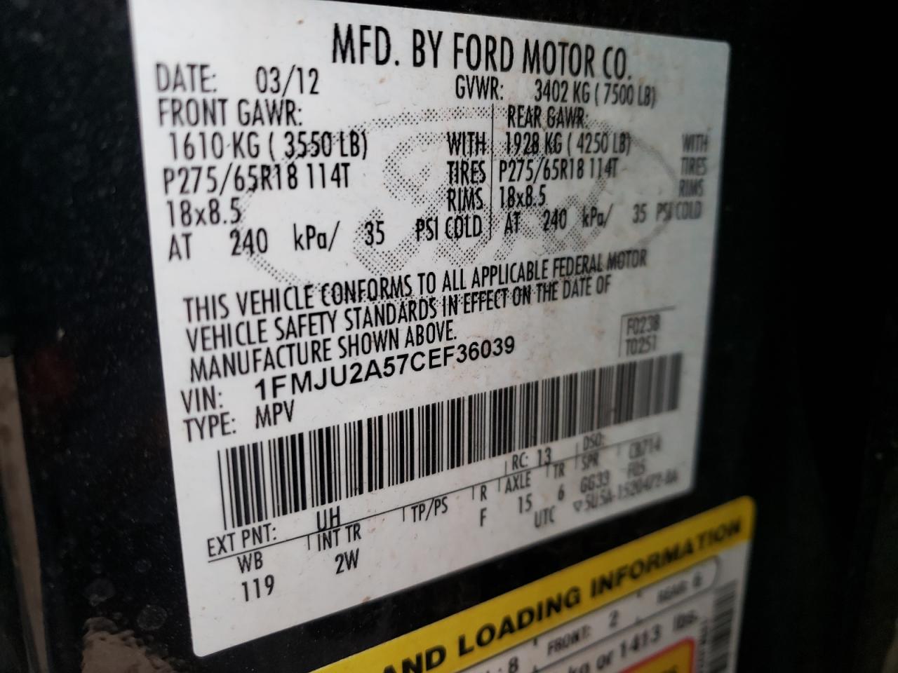 Photo 10 from auction – 2012 FORD EXPEDITION with VIN 1FMJU2A57CEF36039