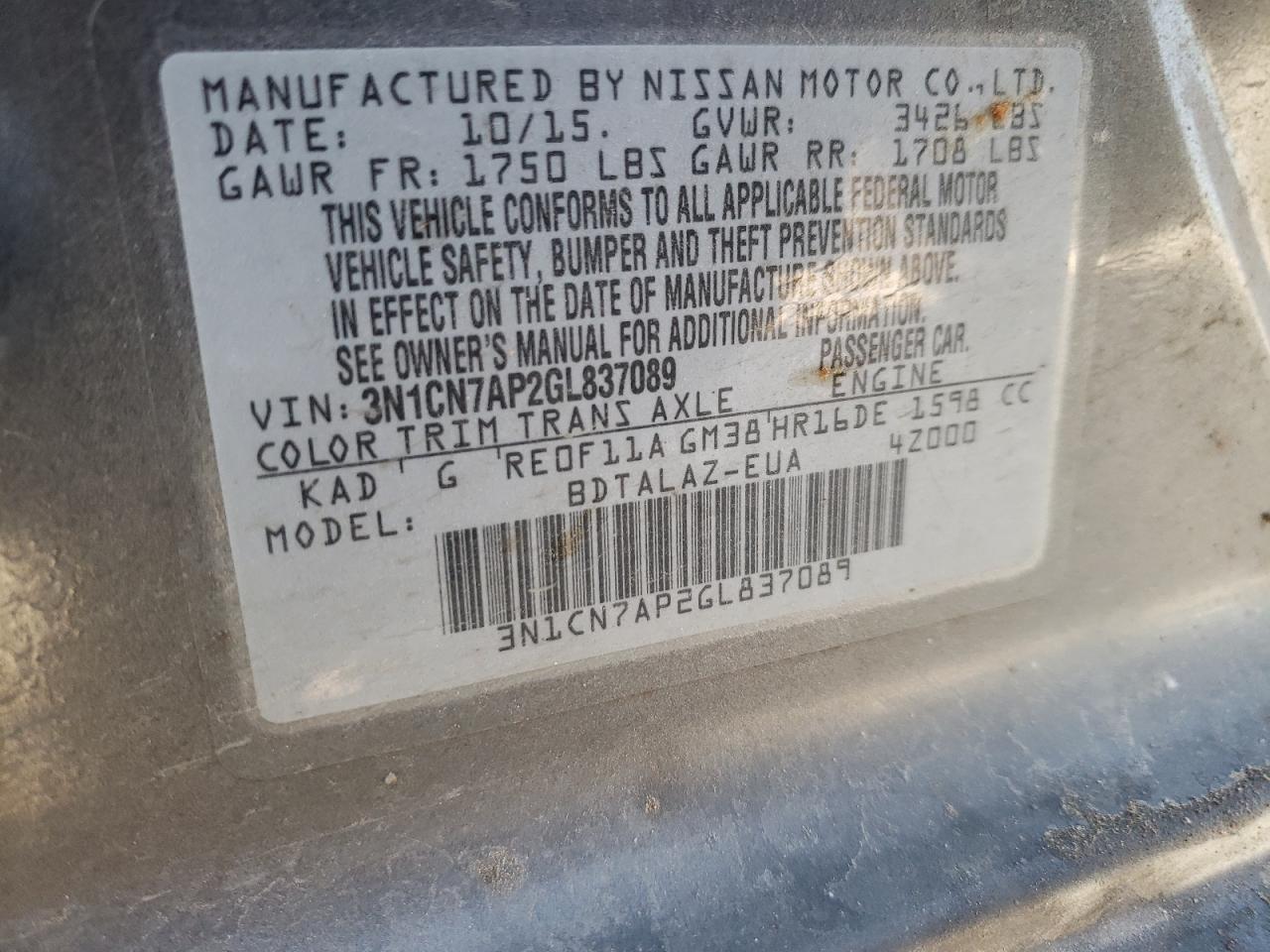 Photo 10 from auction – 2016 NISSAN VERSA S with VIN 3N1CN7AP2GL837089