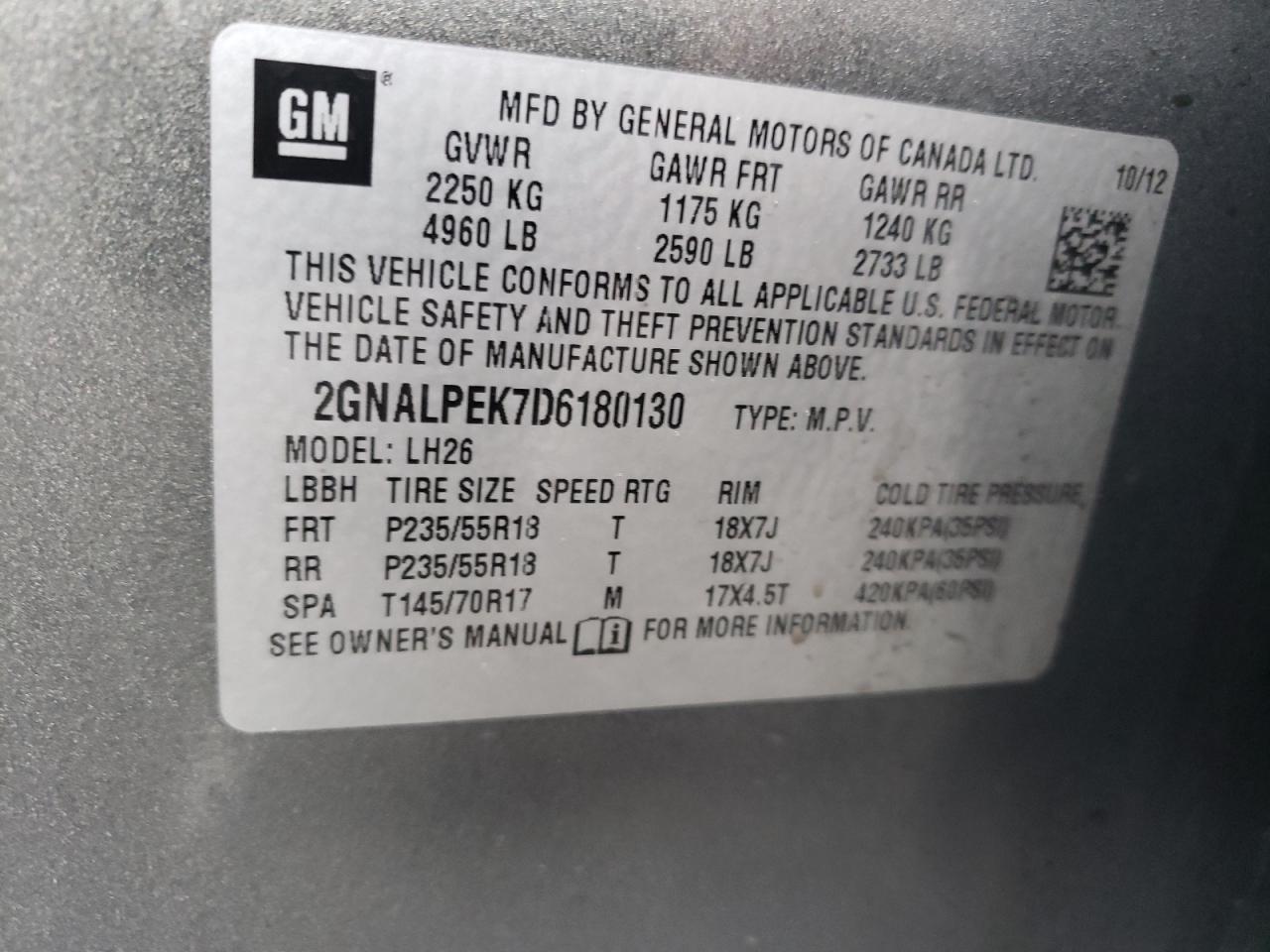 Photo 10 from auction – 2013 CHEVROLET EQUINOX LT with VIN 2GNALPEK7D6180130