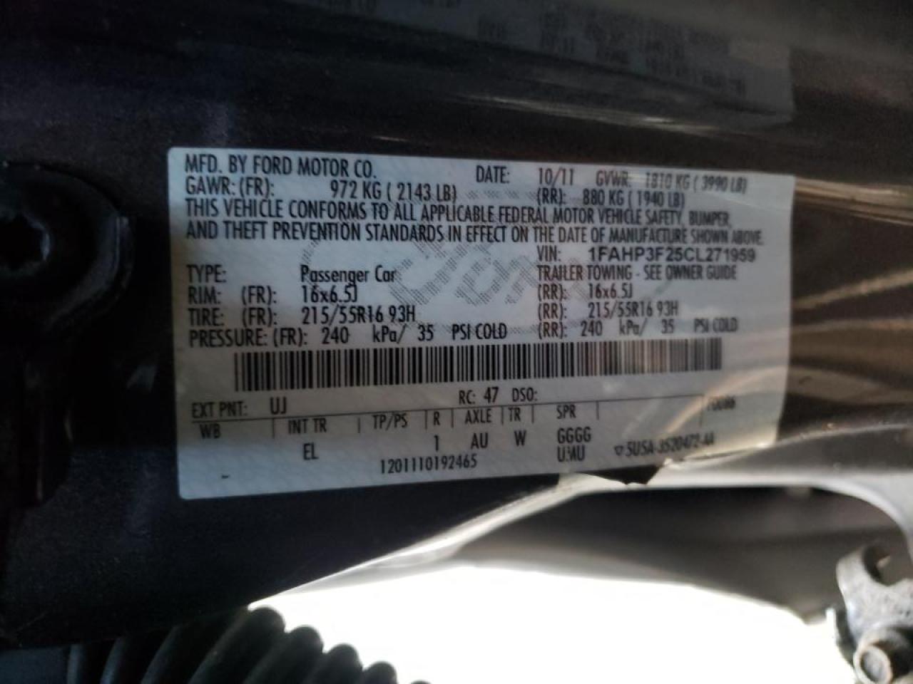Photo 10 from auction – 2012 FORD FOCUS SE with VIN 1FAHP3F25CL271959