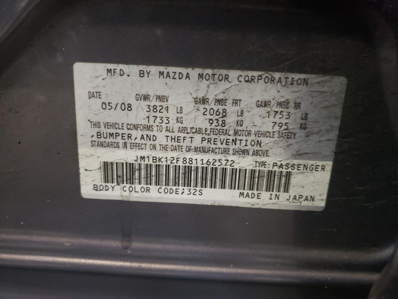 Photo 10 from auction – 2008 MAZDA 3 I with VIN JM1BK12F881162572