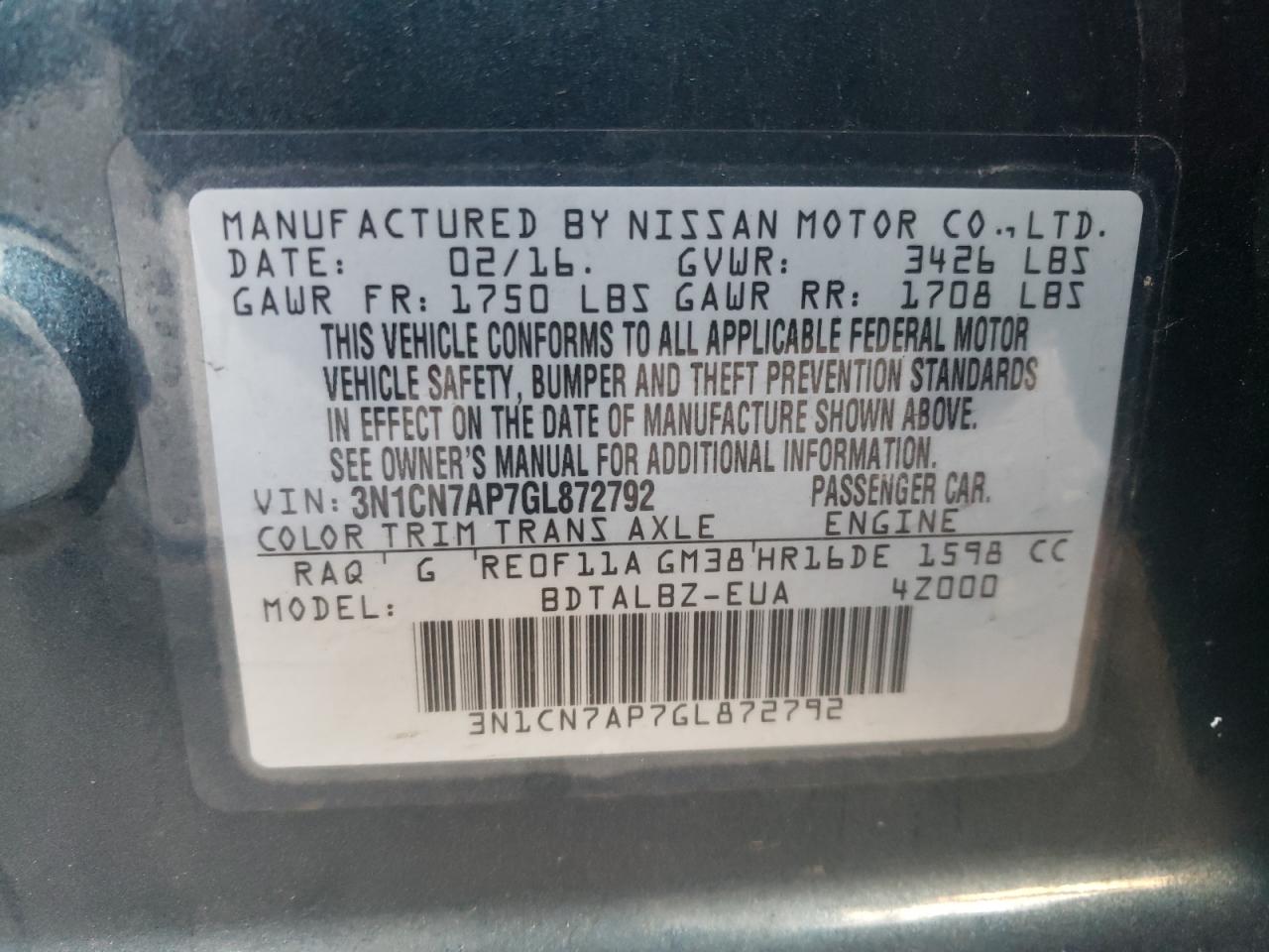 Photo 10 from auction – 2016 NISSAN VERSA S with VIN 3N1CN7AP7GL872792