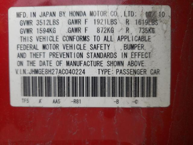 Photo 1 from auction – 2010 HONDA FIT with VIN JHMGE8H27AC040224