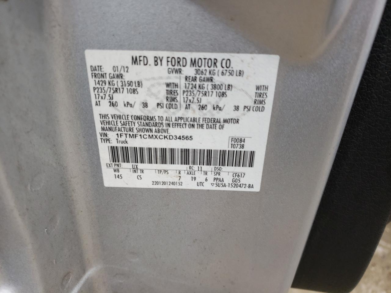 Photo 10 from auction – 2012 FORD F150 with VIN 1FTMF1CMXCKD34565