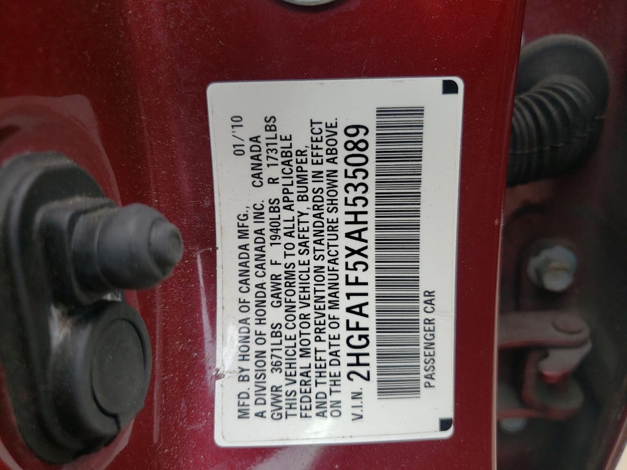 Photo 10 from auction – 2010 HONDA CIVIC LX with VIN 2HGFA1F5XAH535089