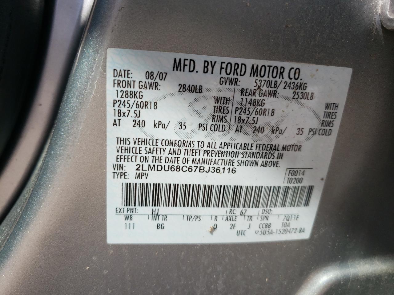 Photo 10 from auction – 2007 LINCOLN MKX with VIN 2LMDU68C67BJ36116