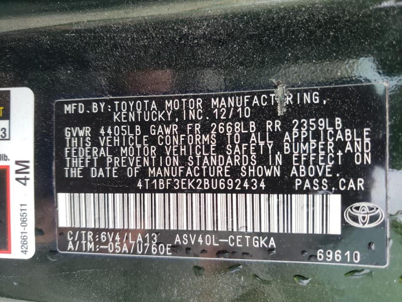 Photo 10 from auction – 2011 TOYOTA CAMRY with VIN 4T1BF3EK2BU692434
