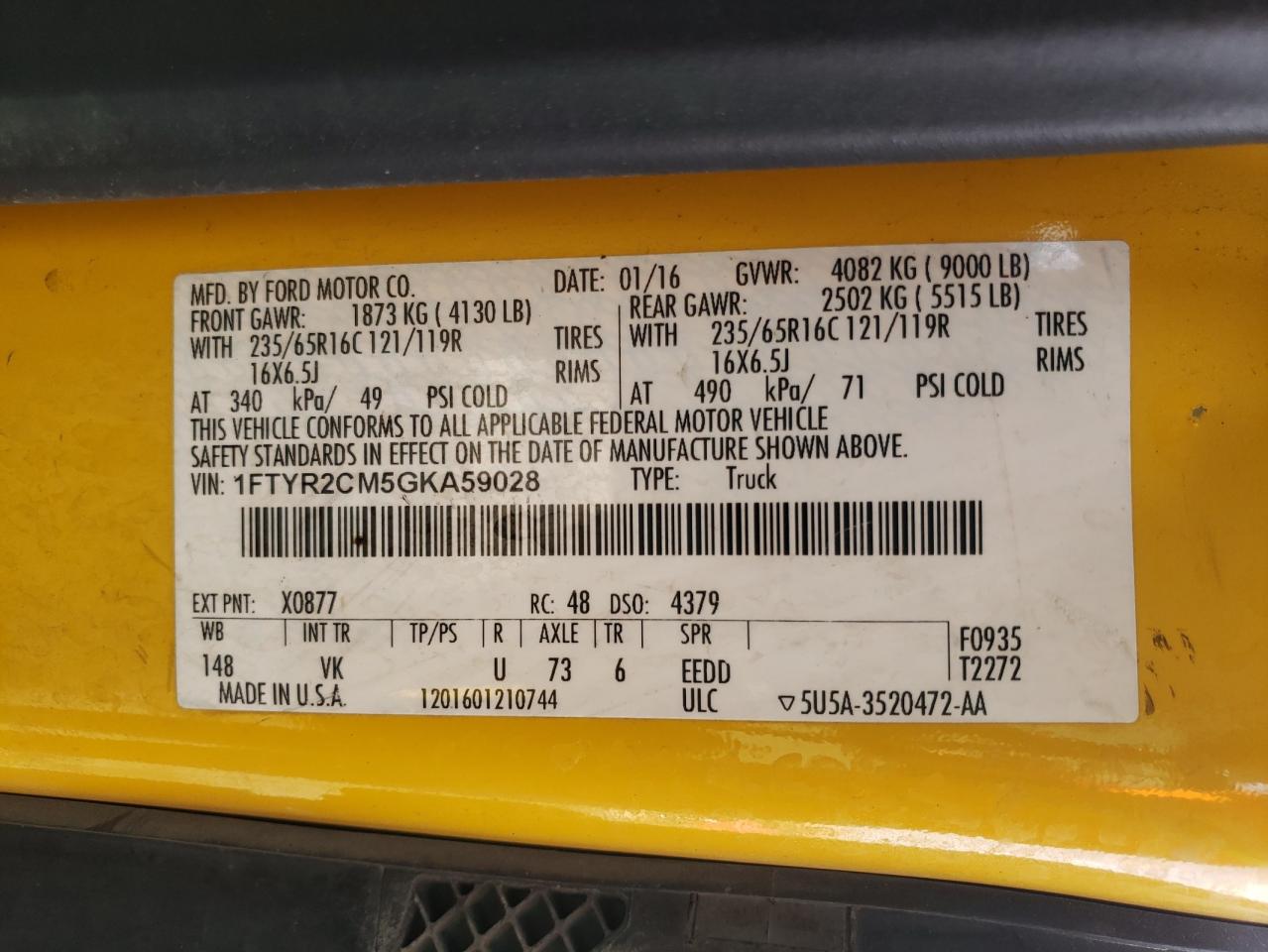 Photo 10 from auction – 2016 FORD TRANSIT T- with VIN 1FTYR2CM5GKA59028