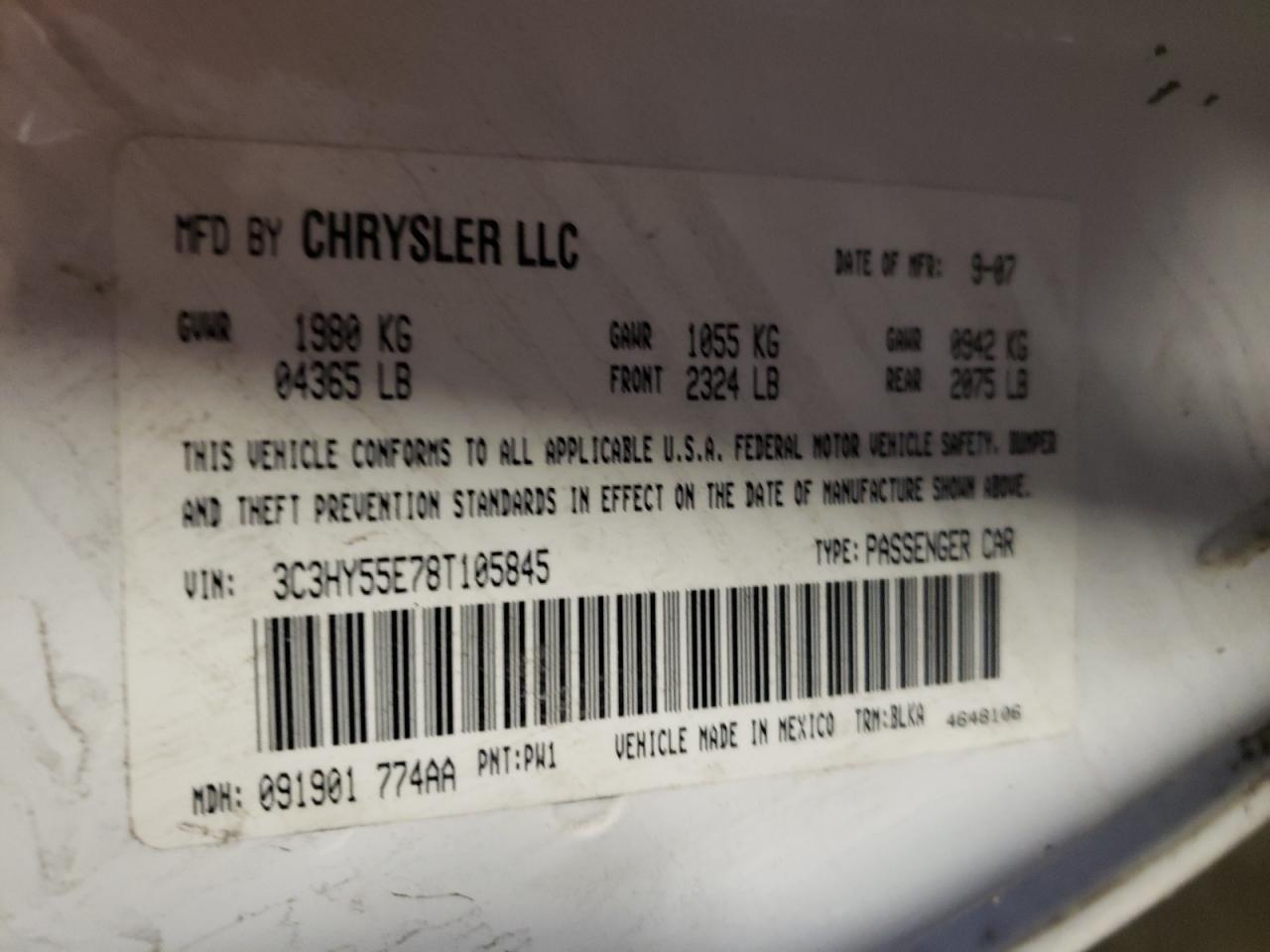 Photo 10 from auction – 2008 CHRYSLER PT CRUISER with VIN 3C3HY55E78T105845