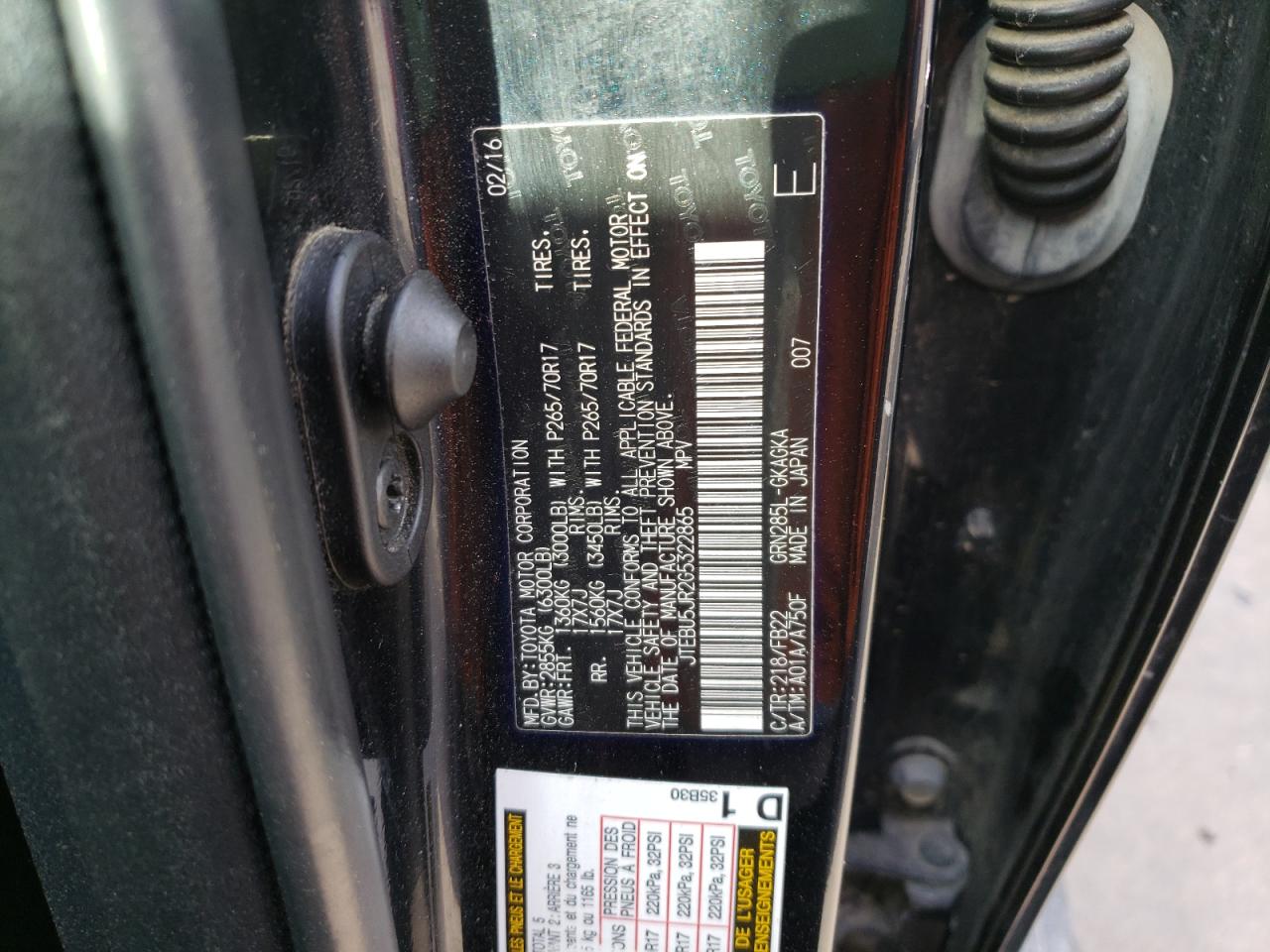 Photo 10 from auction – 2016 TOYOTA 4RUNNER SR with VIN JTEBU5JR2G5322865