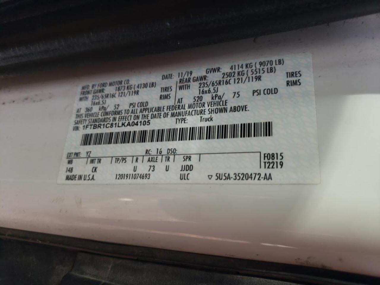 Photo 10 from auction – 2020 FORD TRANSIT T- with VIN 1FTBR1C81LKA04105