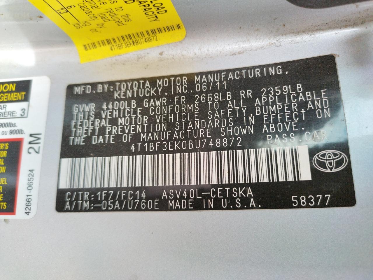 Photo 10 from auction – 2011 TOYOTA CAMRY BASE with VIN 4T1BF3EK0BU748872