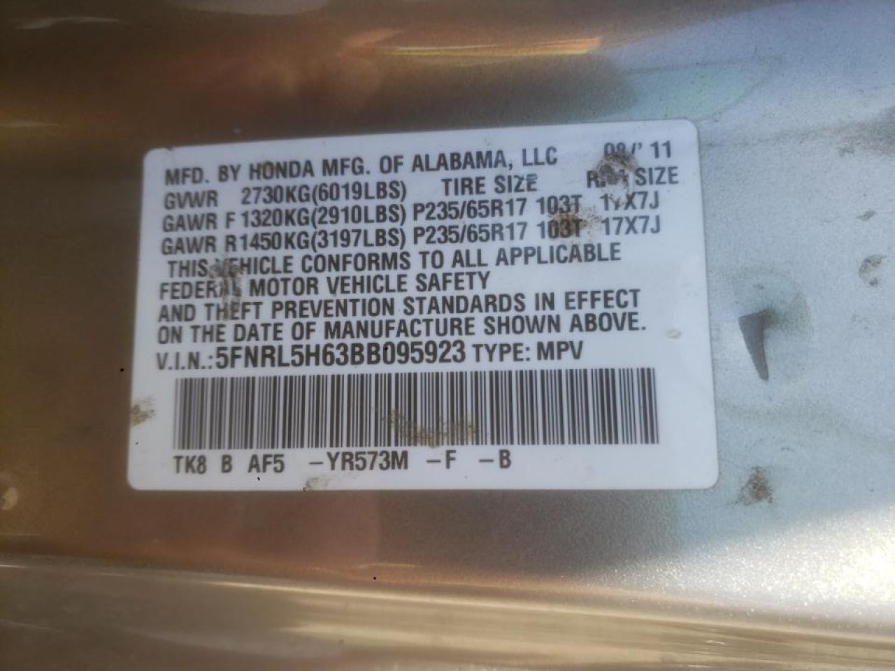Photo 10 from auction – 2011 HONDA ODYSSEY EX with VIN 5FNRL5H63BB095923