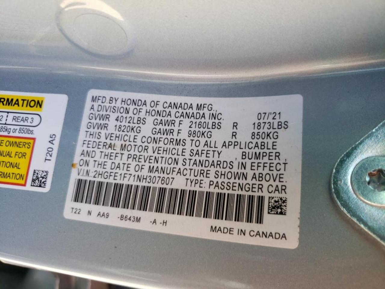 Photo 10 from auction – 2022 HONDA CIVIC EX with VIN 2HGFE1F71NH307607