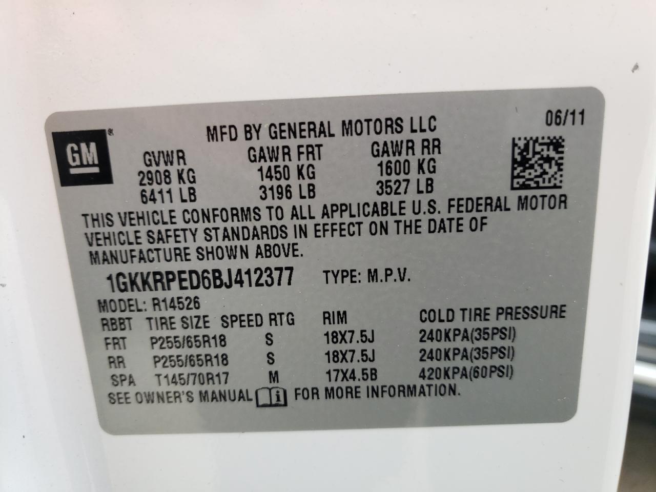Photo 10 from auction – 2011 GMC ACADIA SLE with VIN 1GKKRPED6BJ412377
