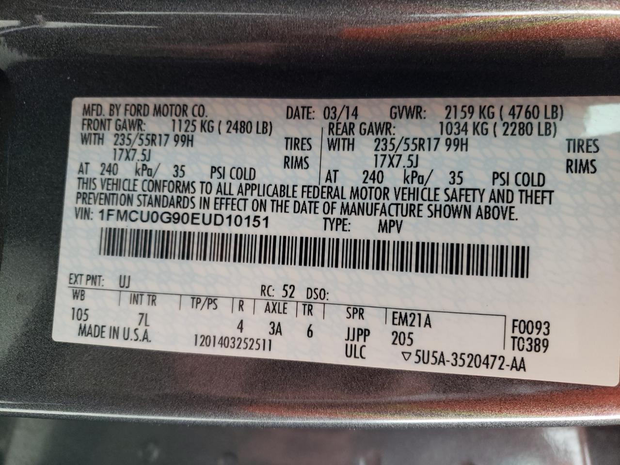 Photo 10 from auction – 2014 FORD ESCAPE SE with VIN 1FMCU0G90EUD10151
