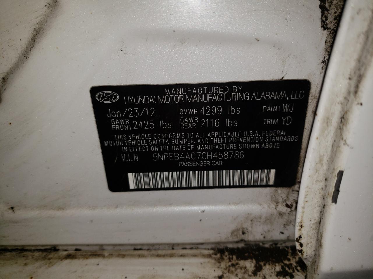 Photo 10 from auction – 2012 HYUNDAI SONATA GLS with VIN 5NPEB4AC7CH458786