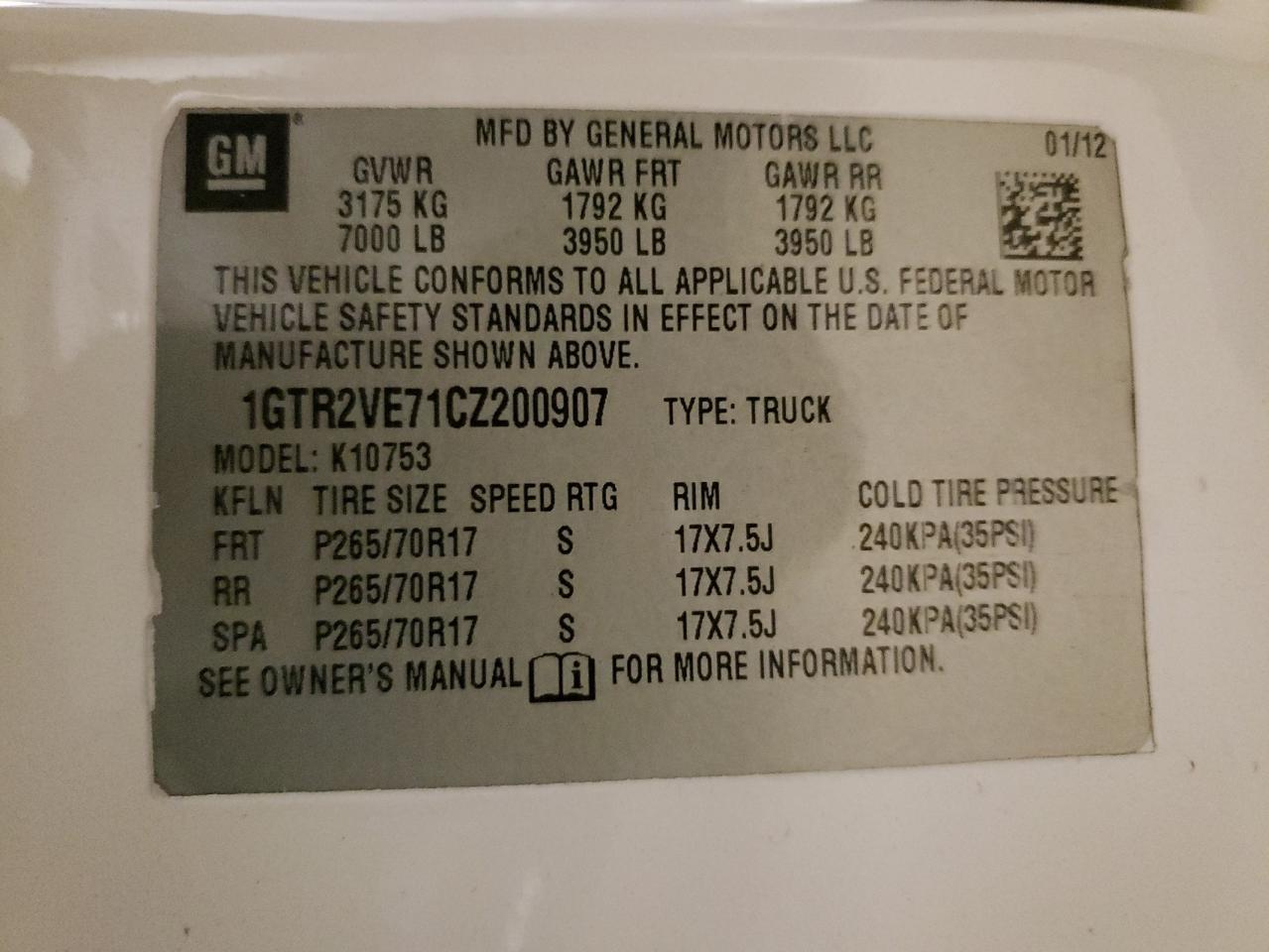 Photo 10 from auction – 2012 GMC SIERRA K15 with VIN 1GTR2VE71CZ200907