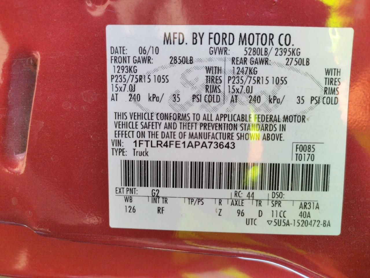 Photo 10 from auction – 2010 FORD RANGER SUP with VIN 1FTLR4FE1APA73643