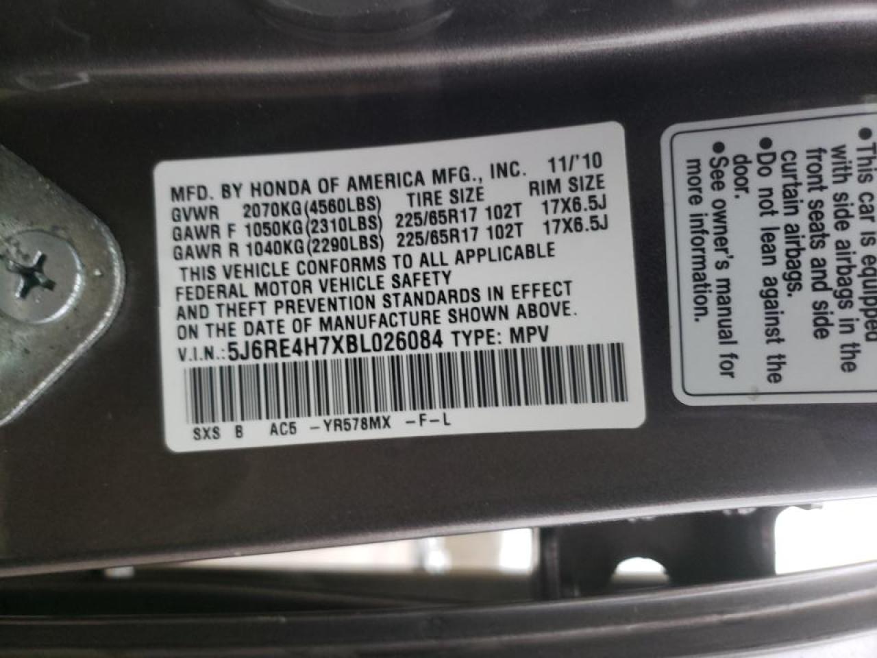 Photo 10 from auction – 2011 HONDA CR-V EXL with VIN 5J6RE4H7XBL026084