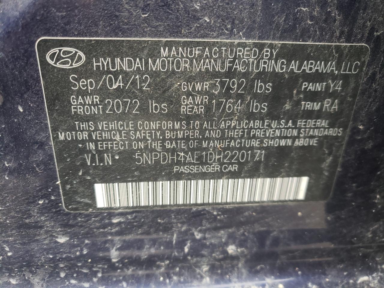 Photo 10 from auction – 2013 HYUNDAI ELANTRA GL with VIN 5NPDH4AE1DH220171