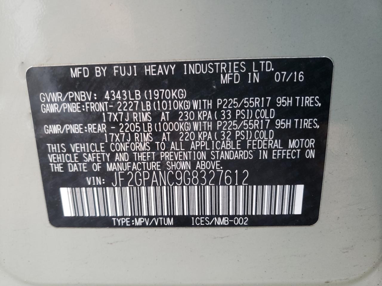 Photo 10 from auction – 2016 SUBARU CROSSTREK with VIN JF2GPANC9G8327612
