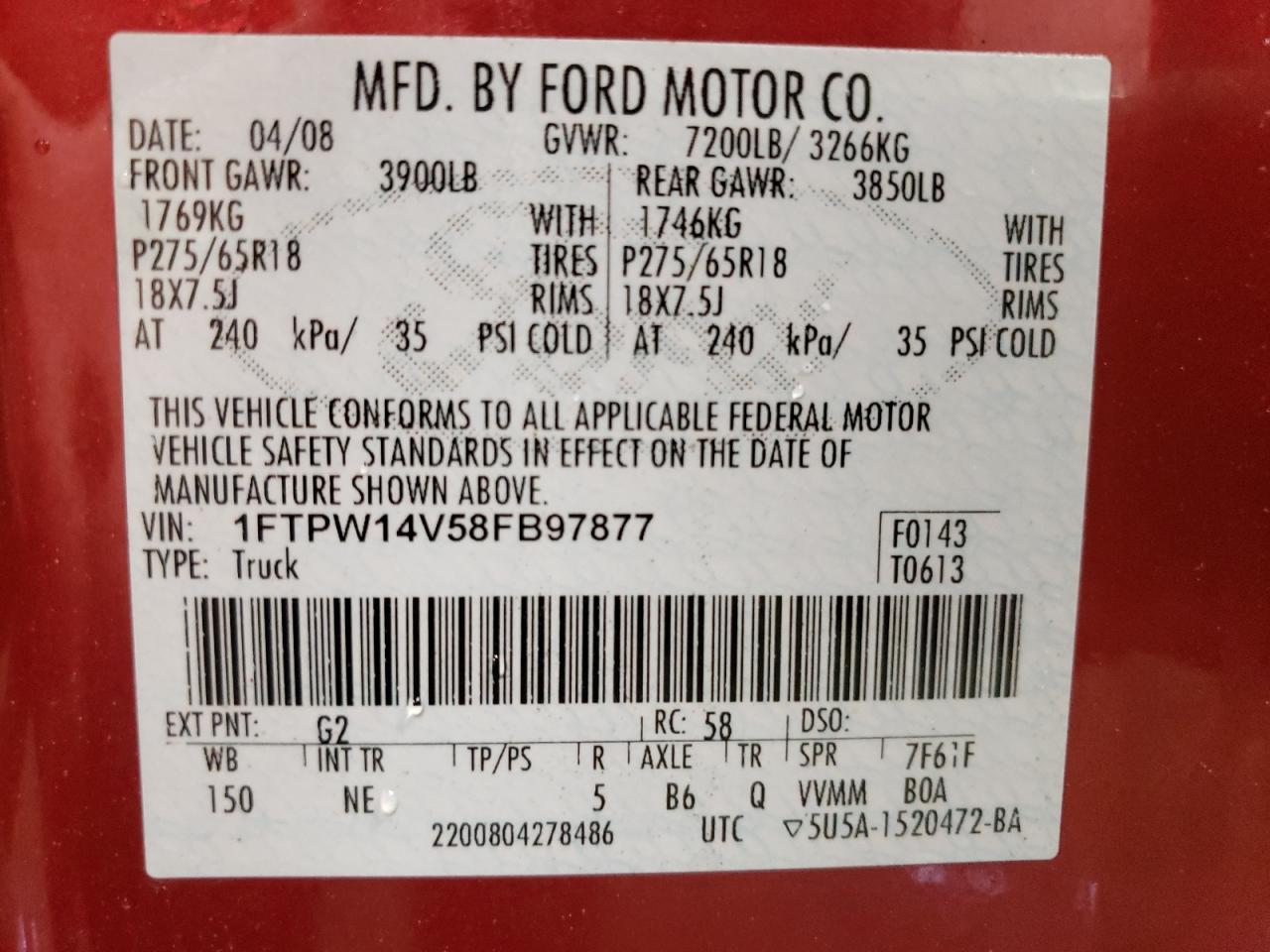 Photo 10 from auction – 2008 FORD F150 SUPER with VIN 1FTPW14V58FB97877