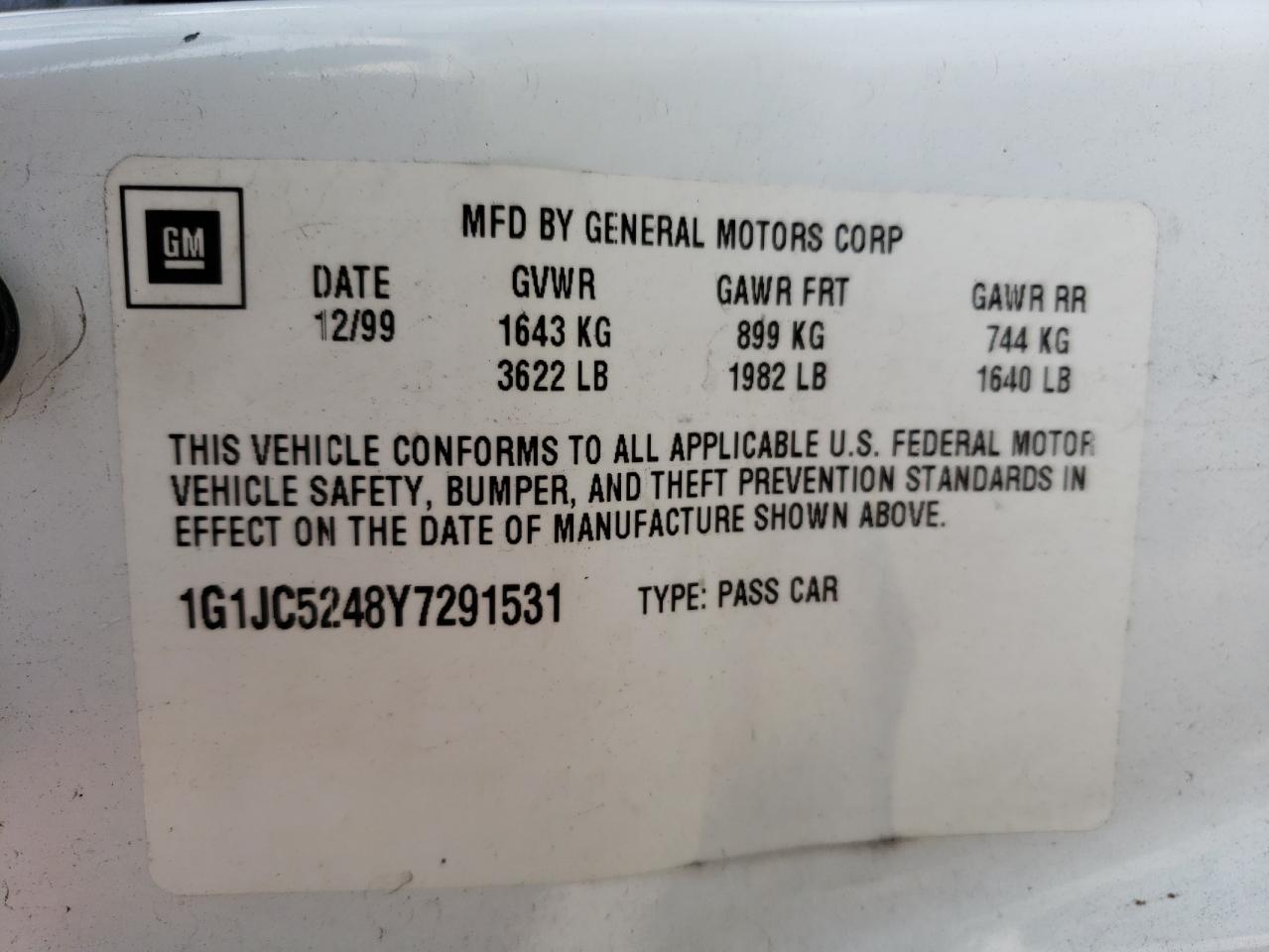 Photo 10 from auction – 2000 CHEVROLET CAVALIER with VIN 1G1JC5248Y7291531