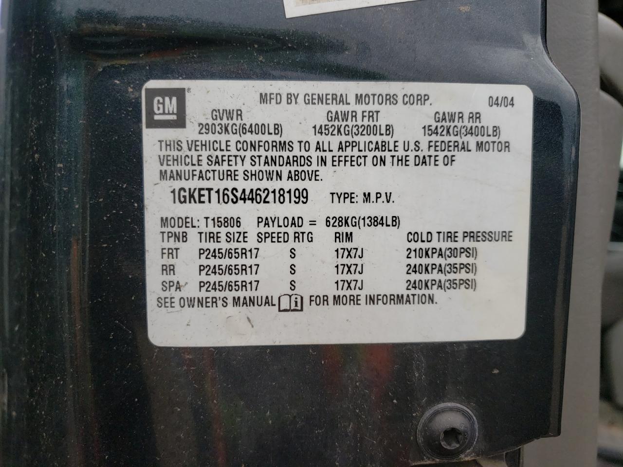 Photo 10 from auction – 2004 GMC ENVOY XL with VIN 1GKET16S446218199