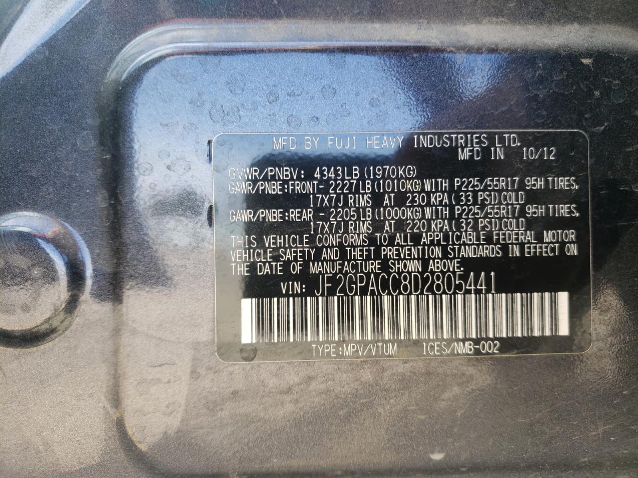 Photo 10 from auction – 2013 SUBARU XV CROSSTR with VIN JF2GPACC8D2805441