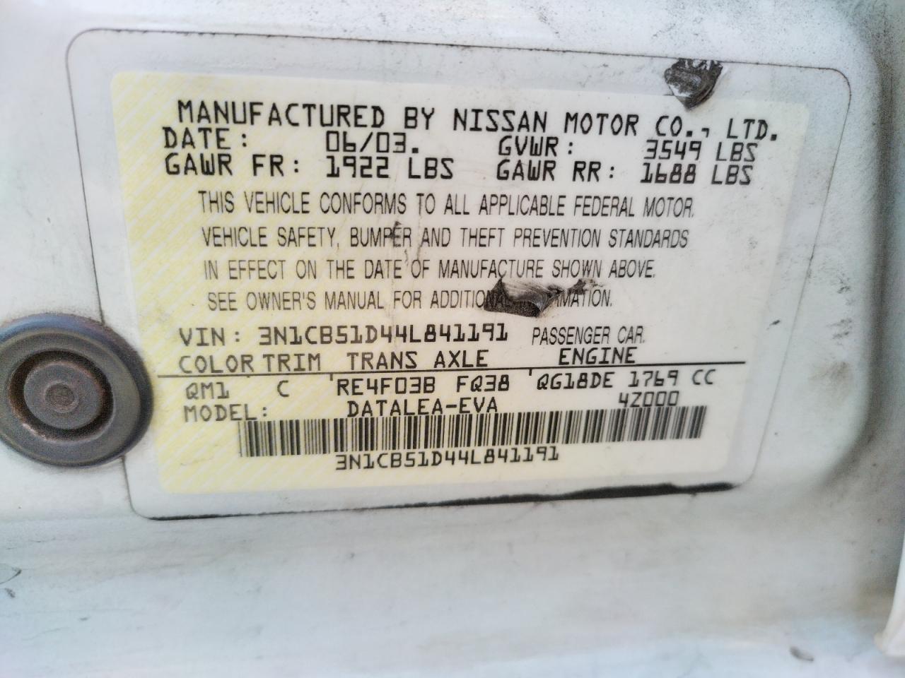 Photo 10 from auction – 2004 NISSAN SENTRA with VIN 3N1CB51D44L841191