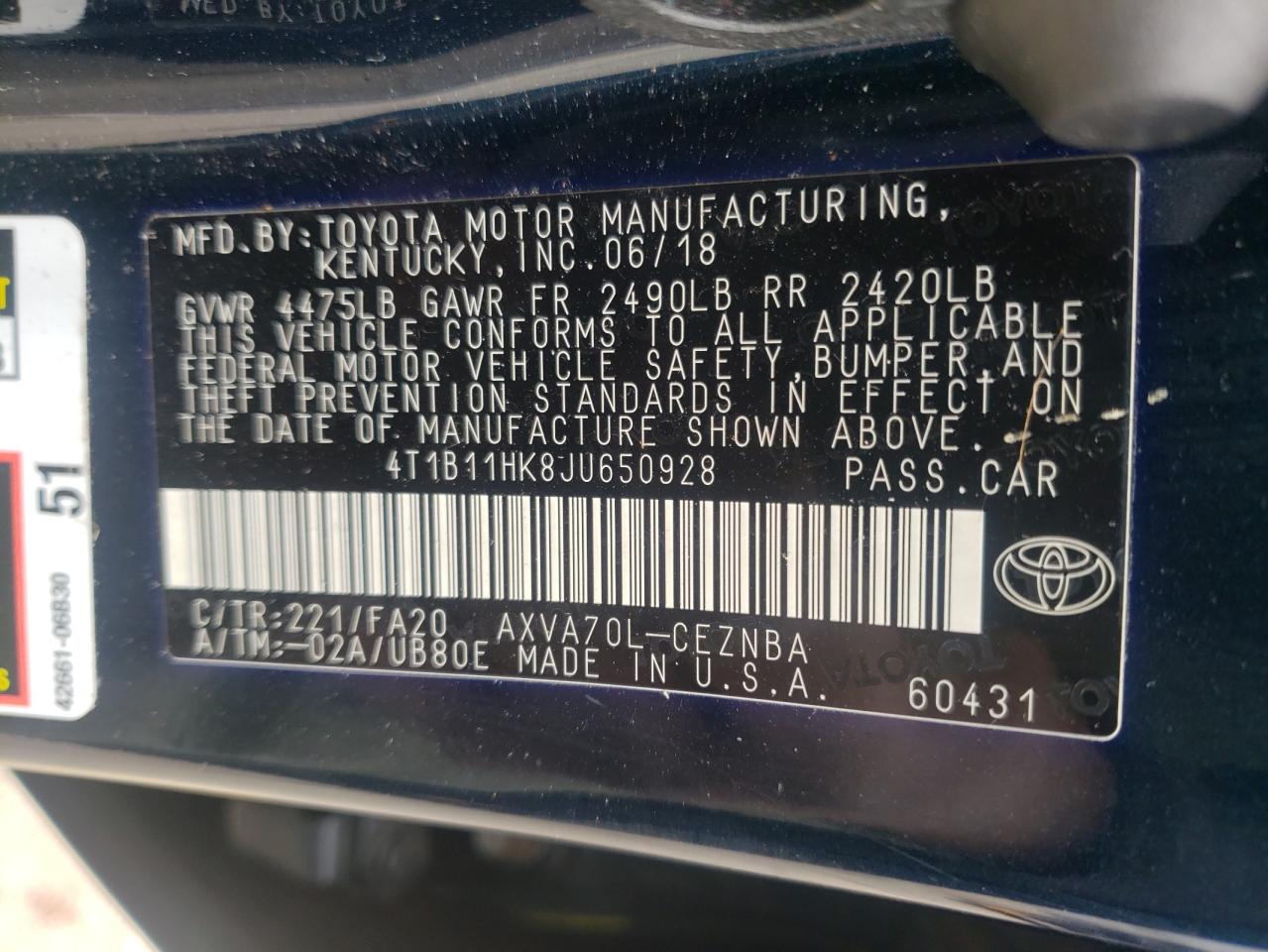 Photo 10 from auction – 2018 TOYOTA CAMRY L with VIN 4T1B11HK8JU650928